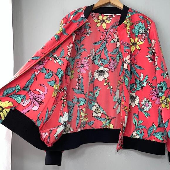 Susan Graver Size Large Vibrant Peachskin Floral Bomber Jacket Bloomcore Resort - Picture 6 of 12